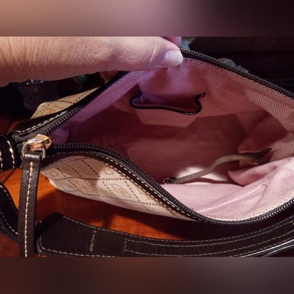 Dooney and Bourke East West Slouch canvas signature fabric. Cream and brown. - Picture 16 of 16